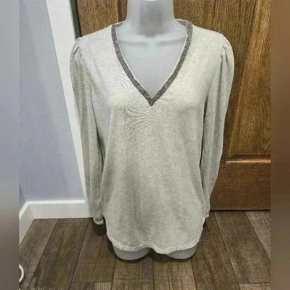 Lauren Ralph Lauren Tops - Lauren Ralph Lauren Brown Beaded V-Neck  Tunic Blouse Women's Medium